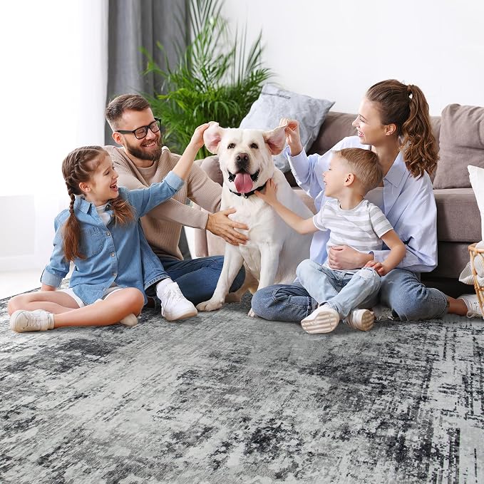 9x12 Area Rugs for Living Room Rug Washable: Modern Large Rug for Dining Room Bedroom Carpet Non Slip 9 by 12 Indoor Abstract Nursery Home Office Black Grey