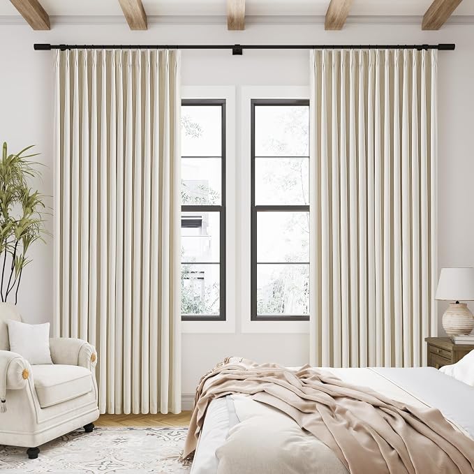 Cream Beige Linen Pinch Pleat Black Out Curtains 84 Inch Length 2 Panels | 2 Layer for 100% Blackout, Pinch Pleated with Hooks Rings Track Back Tab, Room Darkening Soundproof, for Bedroom Living Room