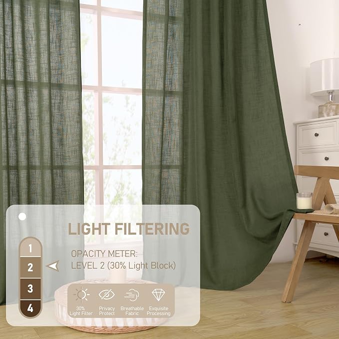LAMIT Christmas Short Linen Curtains 36 Inch Length 2 Panels, Olive Green Light Filtering Panels Back Tab and Rod Pocket Neutral Cafe Drapes for Bathroom/Small Windows, 34 x 36 Inch