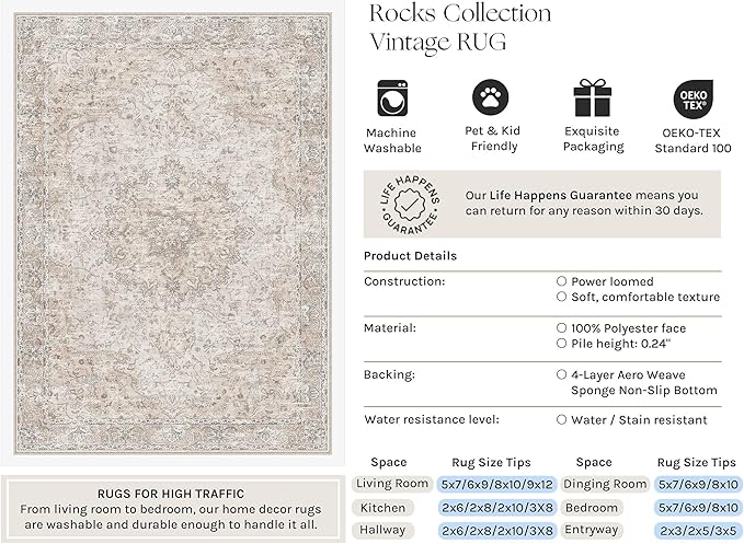 HUGEAR Beige Area Rugs 6x9 Washable Rug Indoor Carpet | Living Room Rug,Vintage Rug,Bedroom,Dining Room,Office,Farmhouse,Non-Shedding,Non Slip,Low Pile,Soft
