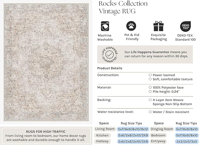 HUGEAR Beige Area Rugs 2x3 Washable Rug Indoor Carpet | Entryway Rug,Vintage Rug,Hallway,Kitchen,Bedroom,Laundry,Non Shedding,Non Slip,Low Pile,Soft
