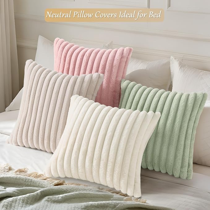 decorUhome Fall Faux Fur Throw Pillow Covers 18x18 Set of 4 White/Pink | Decorative Modern Farmhouse Soft Cozy Striped Pillow Cases Velvet Back for Sofa Bed Living Room Classic Accent Home Decor