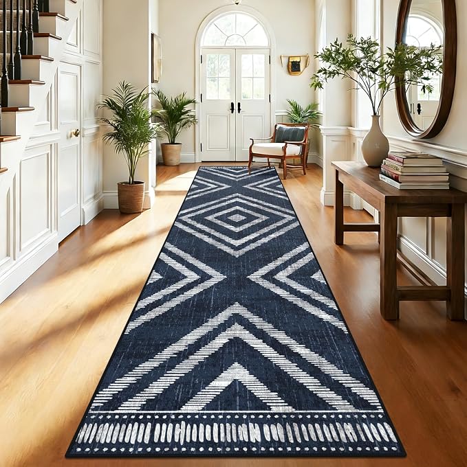 2x10Ft Boho Hallway Rug Runners Non Slip, Navy Blue Geometric Washable Kitchen Runner Rugs, Soft Thin Modern Farmhouse Entrance Floor Carpets for Entryway Doorway Bedroom Home Decor