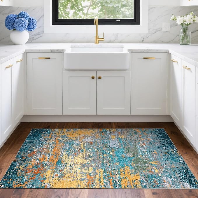 ROYHOME Modern Abstract 2x3 Area Rug Non Slip Non Shedding Low Pile Stain Resistant Rug for Entryway Kitchen Bedroom,Multi Color