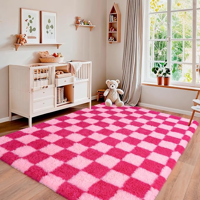 Pionblank Fluffy Area Rug for Bedroom 5x7, Modern Indoor Shag Carpet, Soft Plush Non Slip Checkered Rugs for Living Room Kids Room Home Decor, Hot Pink
