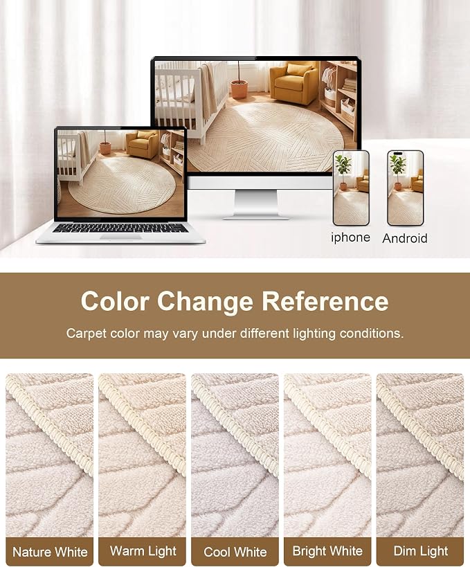 Carvapet 5.2' Round Rug Washable High Low Pile Area Rug Soft Plush Beige Carpet for Living Room Bedroom Non Slip Indoor Floor Rug for Home Kids Nursery Decor