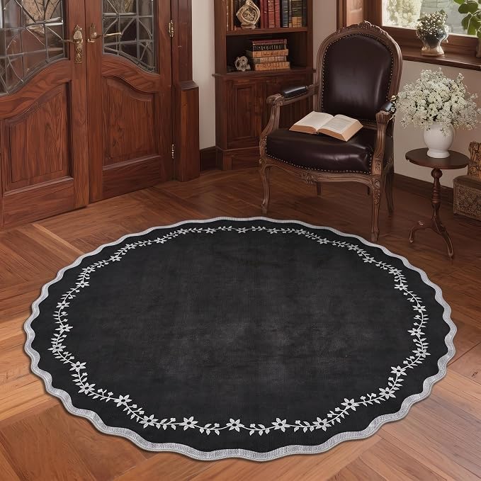 GarveeHome Round Area Rug 5ft Scalloped Washable Circle Rug for Bedroom | Soft Black Non Slip Floral Print Floor Mat Carpet Indoor Thin Tent Rug for Kids Dining Room Playroom Nursery Entryway