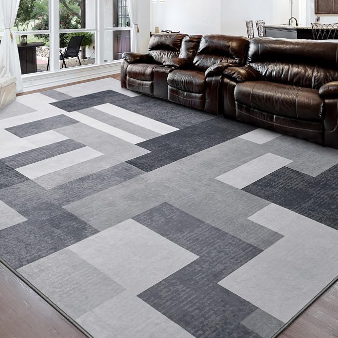FlyDOIT Modern Geometric Patchwork Area Rug, 5x8 Gray Large Rugs for Living Room, Rockwood Collection Indoor Rugs for Bedroom, Throw Carpet Floor Decor for Entryway Dining Room Office Dorm Nursery