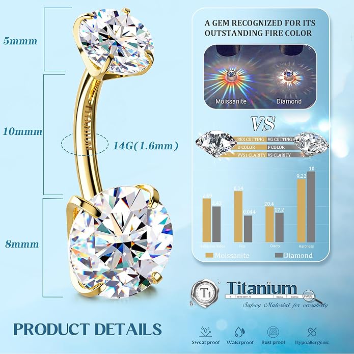 GEMQUEEN Moissanite ＆ G23 TItanium Belly Button Ring 18K Gold Plated Hypoallergenic Internally Threaded Belly Rings 14G Navel Piercing Jewelry For Women Men D Color VVS1 Clarity Brilliant Cut