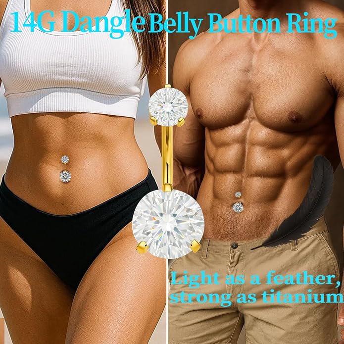 Sparkling Moissanite Belly Button Ring, 14G G23 Surgical Grade Titanium with 14K Gold Plated | Internally Threaded & Hypoallergenic for Sensitive Skin | Unisex Body Jewelry