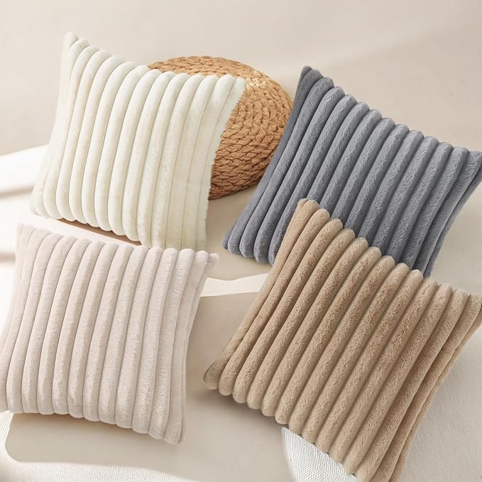 decorUhome Fall Faux Fur Throw Pillow Covers 18x18 Set of 4 Khaki/Beige | Decorative Modern Farmhouse Soft Cozy Striped Pillow Cases Velvet Back for Sofa Bed Living Room Classic Accent Home Decor