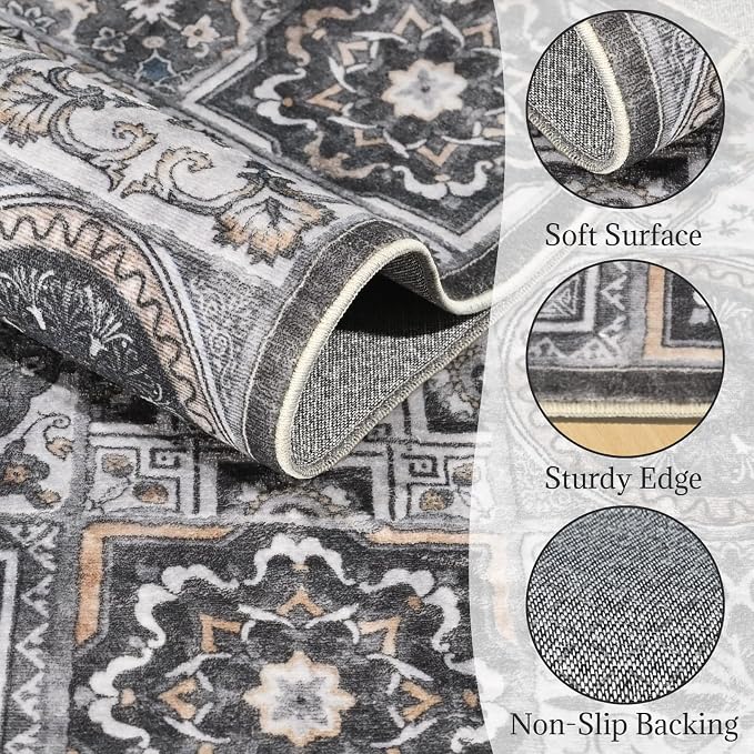 Washable Entryway Rug 3'x5 Non-Slip Backing Vintage Indoor Rug Low Pile Lighrweight Carpet for High-Traffic Indoor Entrance & Kitchen Farmhouse Decor