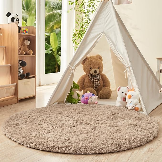 OPPODREAM 4ft Beige Circle Rug for Bedroom, Ultra-Soft Round Rugs 4-ft for Living Room, Fluffy Carpet for Nursery, Kids, Girl, Boy, Baby, Plush, Fuzzy, Shag, Shaggy, Cute Home Decor