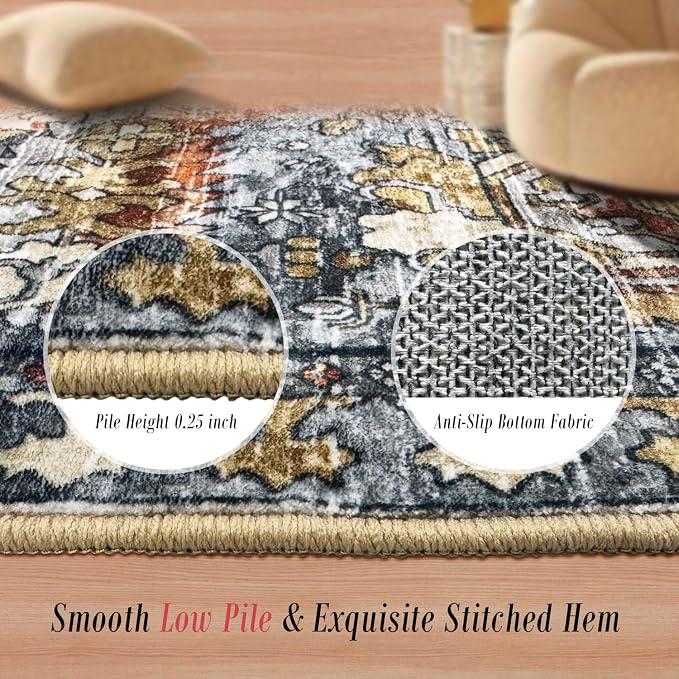RUGSURE Washable Area Rugs - Perfect for Living Room, Bedroom, Kids Room, Nursery - Stain & Water Resistant Non-Slip, Pet & Child Friendly, Vintage Tribal Area Rugs (Turmeric and Grey, 6' x 9')