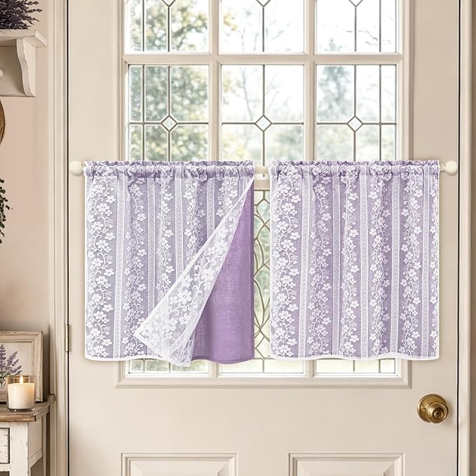 ASPMIZ Linen Kitchen Curtains Double Layer Kitchen Window Curtains Over Sink 24 Inch Length Purple Tier Curtain Light Filtering, Rod Pocket Cafe Curtain Short Window Treatments with 2 Tiebacks, 26x24