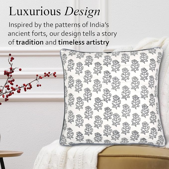CPC 100% Cotton Throw Pillow Covers 20x20 Inch, Set of 2 Block Print Pattern Couch Pillow with Hidden Zipper, in Collabaration with Southern Source- Misty Grey Floral