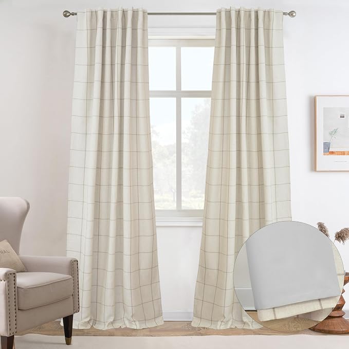 DriftAway 100% Blackout Plaid Linen Curtains 102 Inches Long 2 Panels Taupe | 100% Blackout, Linen Texture, Plaid Pattern, Two Layers, Rod Pocket & Back Tab, Bedroom Living Room Use, Luxury Appearance
