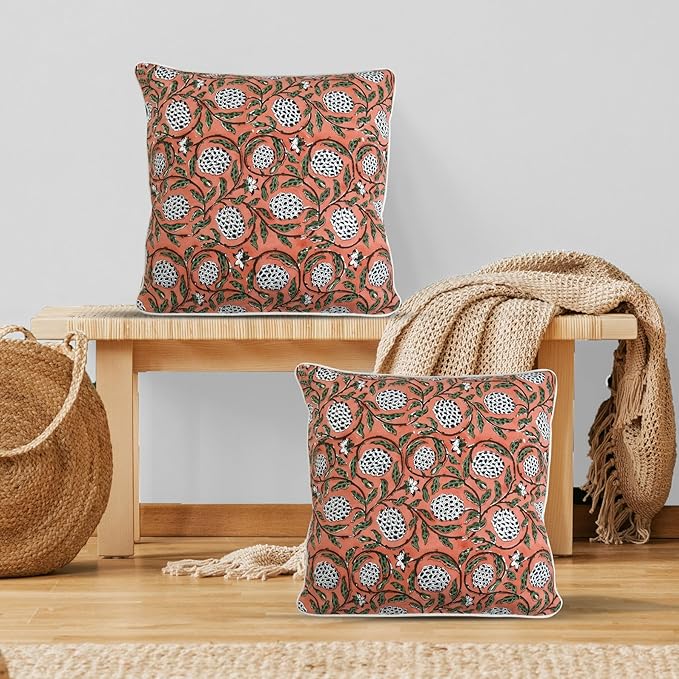 Ridhi Block Print Dark Salmon Pink Pillow Cover 18" x 18" (Pack of 2) Decorative Couch Pillows for Living Room, Chic Boho Cute Outdoor Pillows Covers Gifts for Spring, Easter and Valentine