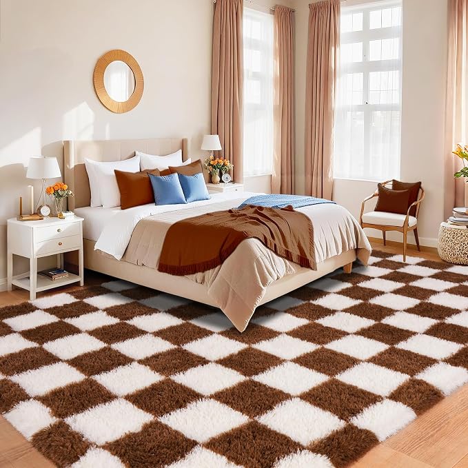 Pionblank 8x10 Area Rugs for Living Room, Fluffy Plush Checkered Rug for Bedroom, Shag Non Slip Soft Furry Large Carpet for Kids Room Nursery Home Decor, Brown and Cream White