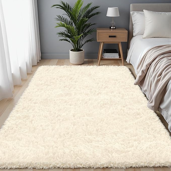 4x6 Area Rug for Living Room, Ultra Soft Fluffy Shag Rugs for Bedroom, Non-Slip Large Fuzzy Plush Rug Indoor Floor Carpet for Nursery Kids Office Dorm Modern Decor, Cream White