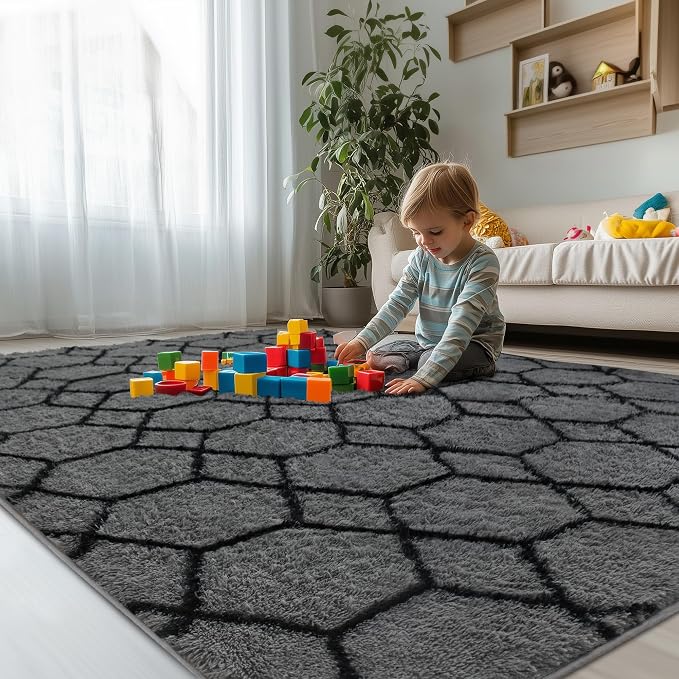 Fluffy Rug for Bedroom, Soft 4x6 Grey Shag Plush Geometric Area Rugs | Modern Grey and Black Rug, Non Slip Carpet for Living Room, Aesthetic Home Decor, Fuzzy Floor Mat for Nursery Teen Dorm