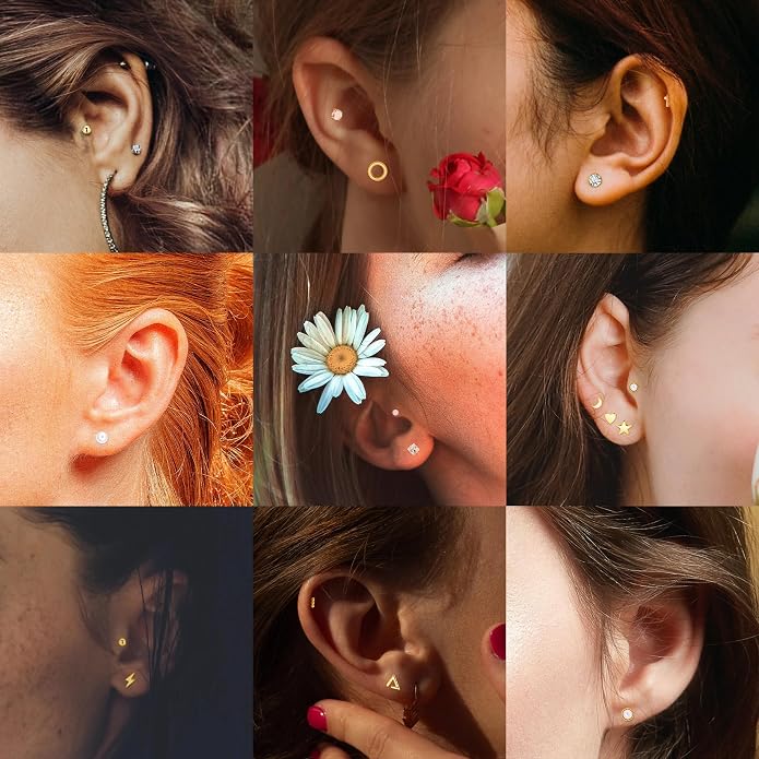 NICEIGHT 18Pairs 20G 316L Stainless Steel Threadless Push in Stud Earrings for Women Men Flat Back Cartilage Stud Earring Helix Tragus Stud CZ Heart Moon Star Ear Stud Piercing Jewelry