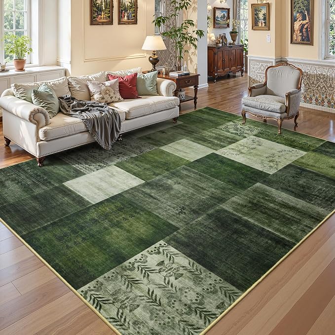 DweIke Washable Area Rugs 5x7 for Living Room, Modern Geometric Green Soft Patchwork Carpet, Non-Slip Stain Resistant Throw Rug for Bedroom Dining Room Office Home Decor