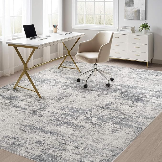 Abstract 8x11 Area Rug: Machine Washable Non Slip Ultra Thin Low-Pile Carpet, Soft Stain Resistant for Living Dining Room Bedroom, Kid Pet Friendly, Robot Vacuum Compatible - Beige Dark Grey