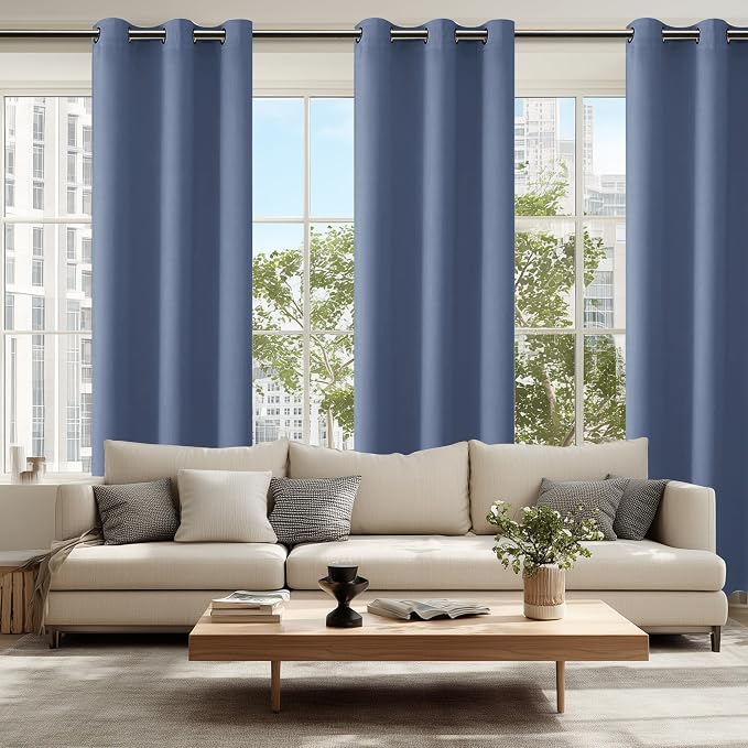 Hiasan Blackout Curtains for Bedroom, 38 x 84 Inches Long - Thermal Insulated & Energy Saving Window Curtains for Living Room, 2 Drape Panels Sewn with Tiebacks, Blue Haze