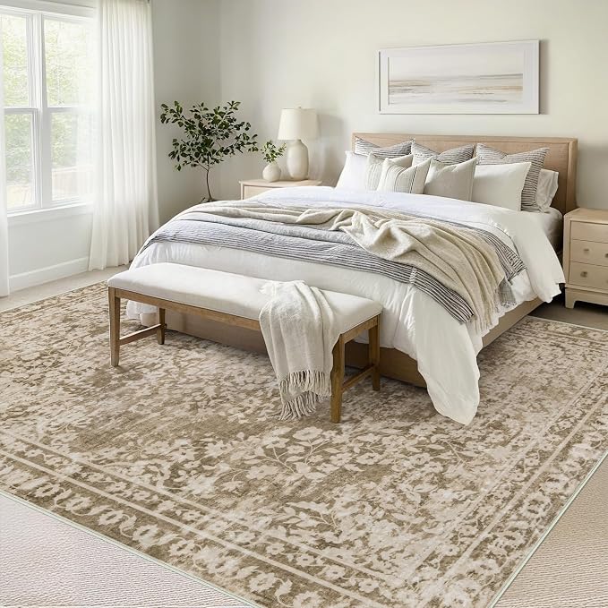 Vintage Living Room Area Rug - 8x10 Large Machine Washable Boho Area Rug Distressed Floral Rugs for Bedroom, Soft Non-Slip Indoor Floor Accent Rugs for Office Dining Room (Floral Brown, 8'x10')