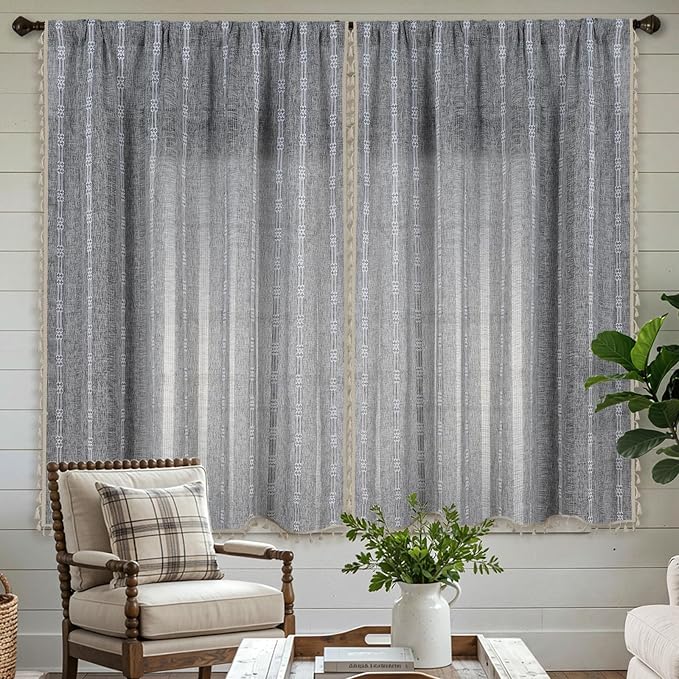 ColorBird Boho Curtains for Bedroom Living Room Linen-Textured Grey 63 Inch Length Farmhouse Light Filtering Neutral Embroidered Striped Linen Drapes 2 Panels Window Treatment