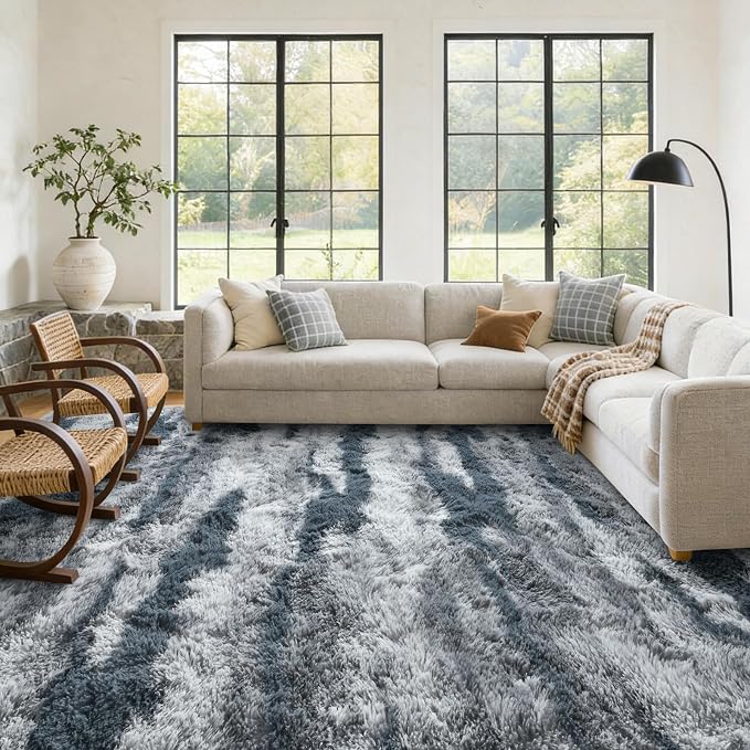 Large Shaggy 6x9 Area Rugs for Living Room Decor, Non-Slip Tie-Dyed Rugs for Bedroom Kids Playroom Dorm Room, High Pile Ultra Soft Carpet, Blue