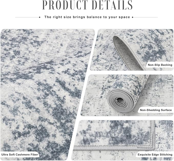 9x12 Area Rug Living Room Rug: Washable Modern Abstract Soft Thin Rug Indoor Floor No Slip Carpet for Bedroom Dining Room Farmhouse Nursery Home Office - Blue Grey