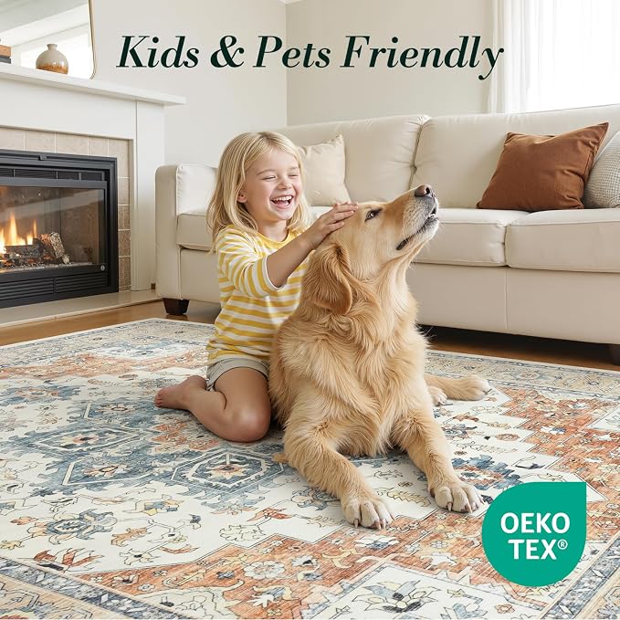 Oriental 8x10 Rug for Living Room - Washable Distressed Boho Extra Large for Bedroom, Low-Pile Non Slip Soft Faux Wool Carpet for Dining Room, Playroom, Neutral Beige and Orange Floral Rug
