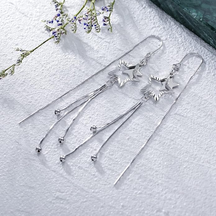 VONALA Moon Star Threader Earrings Sterling Silver Long Earrings for Women Hypoallergenic Tassel Chain Earrings for Teen Girls
