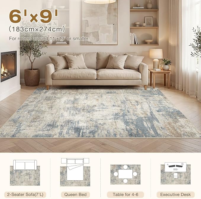 cotiled 6x9 Area Rugs Abstract Soft Non Slip Washable Living Room Rug | Stain Resistant, Robot Vacuum & Pet Friendly, Low-pile, For Living Room, Bedroom, Dining Table, Nursery Light Blue