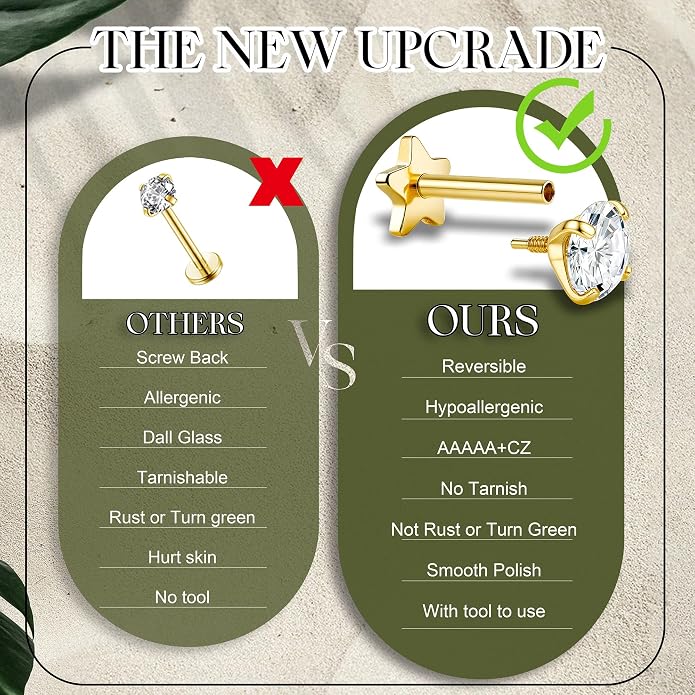 GEMQUEEN Reversible Flat Back Earrings Studs Hypoallergenic - 14K Gold Filled Surgical Steel Earring 18G Cartilage Helix Tragus Conch Piercing Jewelry Extended Internal Thread Earrings for Women Men