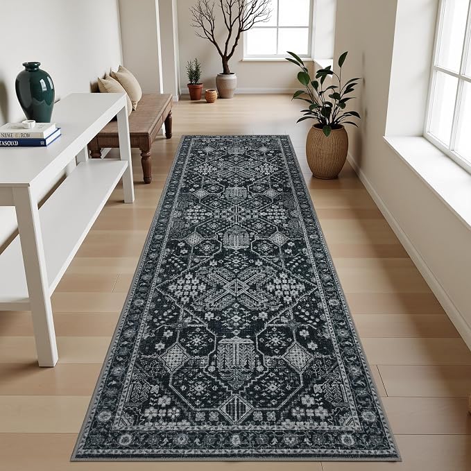 Joydeco Washable 2x6 Hallway Runner Vintage, Dark Gray&Light Gray&Black | Water Resistant Low Pile Non Slip Backing for Kitchen Entryway Bedroom Bathroom Dining Room