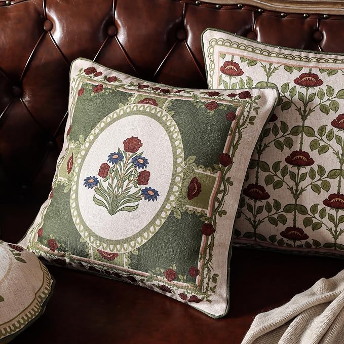 ISAENNE Elegant French Linen Throw Pillow Cover,Set of 2,18"x18"-Estonia B | Designer Vintage Square Pillow Cover,Concealed Zipper Design,Floral Pattern,Sofas,Bedroom,Living Room,Lounge Chairs