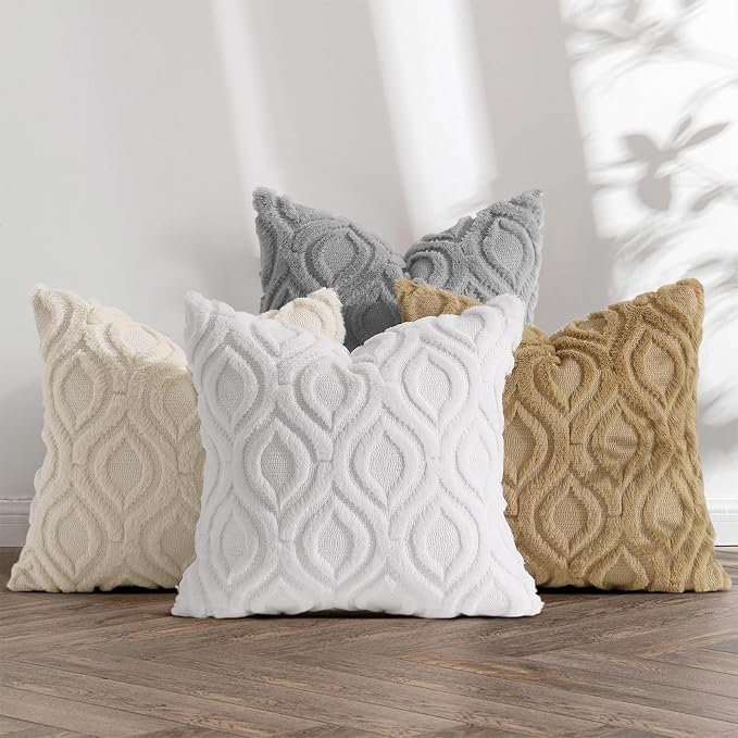 decorUhome Beige Cream White Faux Fur Throw Pillow Covers 18x18 Set of 4 | Fall Soft Neutral Decorative Plush Couch Pillow Covers, Accent Modern Farmhouse Neutral Pillow Cases for Sofa Bed Living Room