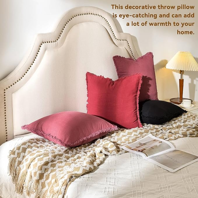 AmHoo Pack of 2 Linen Pillow Covers with Tassels Fringed Decorative Rustic Natural Throw Pillowcase Cushion for Couch Sofa Bedroom 24 x 24-Inch Dusty Rose