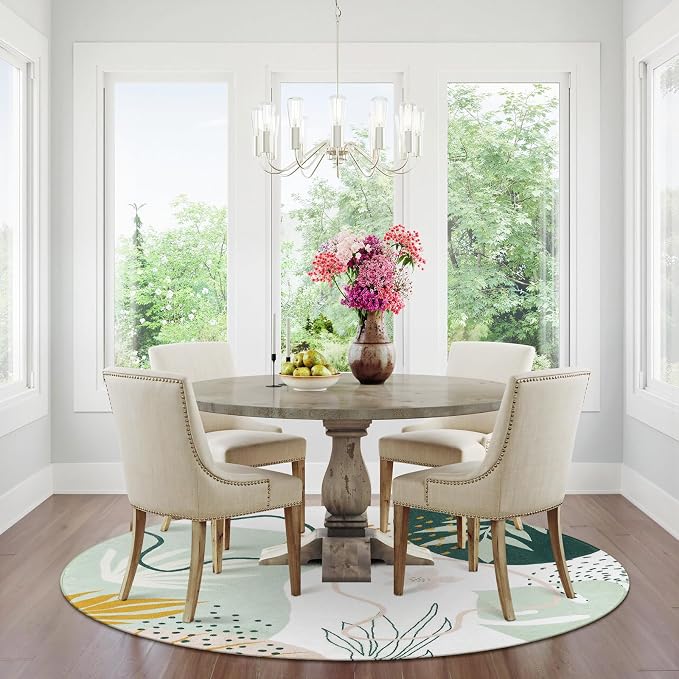 Lahome Green Washable Round Rug - 6Ft Round Area Rug for Living Room Throw Soft Boho Round Rug Large Non-Slip Round Dining Room Rug, Botanical Print Round Carpet for Bedroom Entryway Classroom Dorm