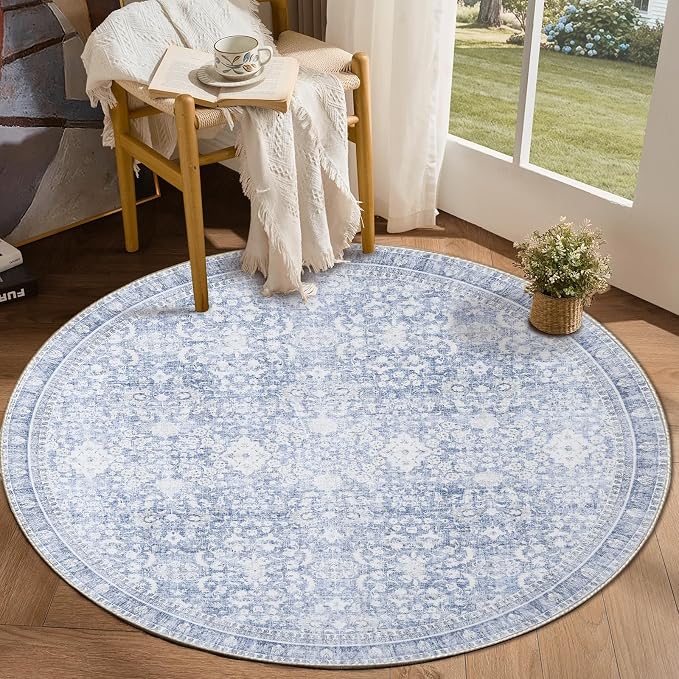 Sasttie Round Rug 4ft, Ultra-Soft Washable Circle Rug, Low Pile Foldable Thin Rugs with Non-Slip Backing, Skin-Friendly Stain Resistant Carpet for Living Room, Bedroom, Kitchen, Dorm, 4ft, Light Blue
