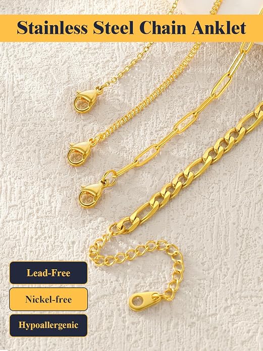 U7 2Pcs/3Pcs Ankle Bracelets for Women, Stainless Steel Cuban Link/Figaro/Rope/Heart Chain Anklets Sets,Waterproof Layered Anklets Adjustable 8.5"-10.5"