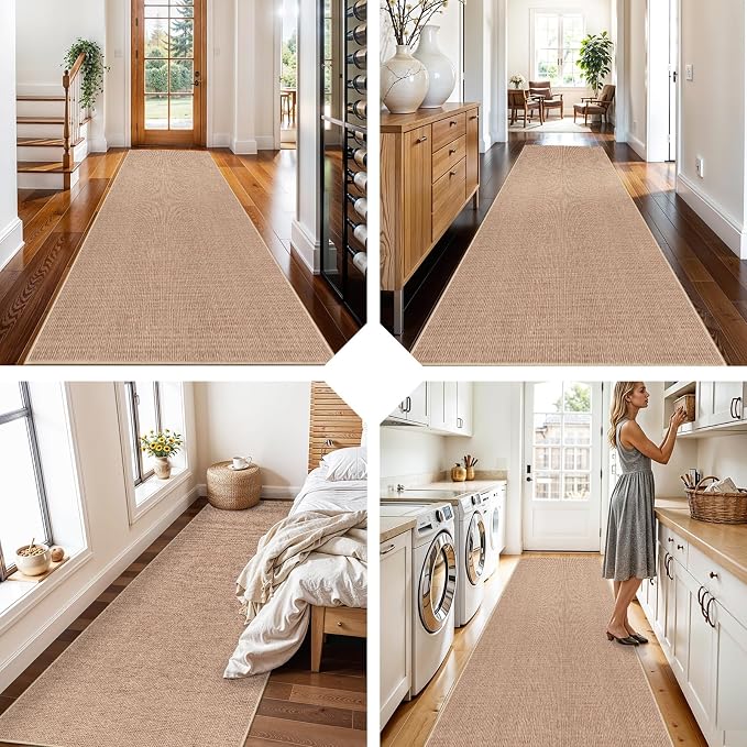 3x10 Runner Rug Hallways Washable: Non Slip Kitchen Extra Long Jute Runners | Carpet Bathroom Office Laundry Dining Living Room Durable Floor Mat Boho Farmhouse Decor Indoor Textured Classic (Beige,3x10)
