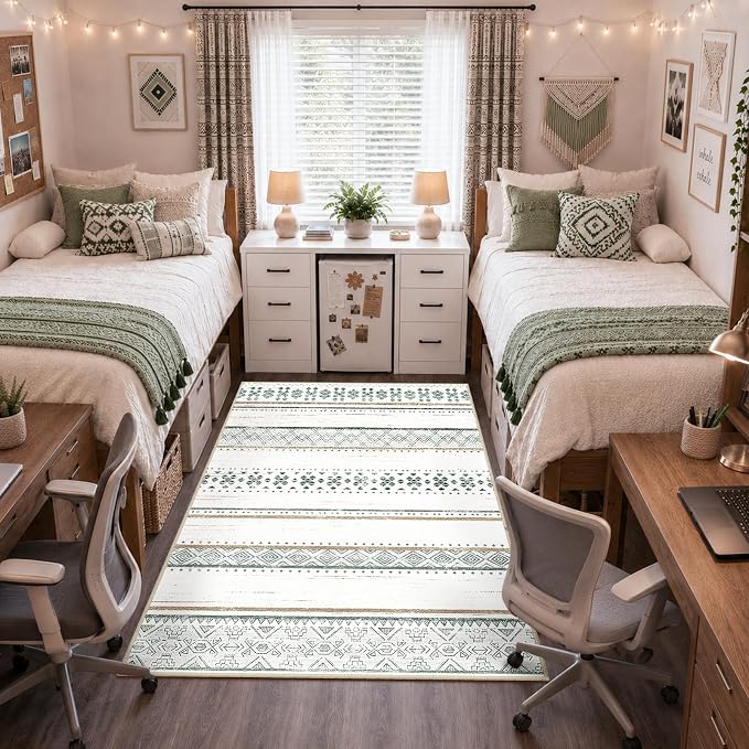 BESTSWEETIE 3x5 Area Rugs for Living Room Washable Moroccan Farmhouse Neutral Geometric Low Pile Non-Slip Soft Print Pattern Rug for Bedroom Kitchen Dining Room Entryway Green/Brown