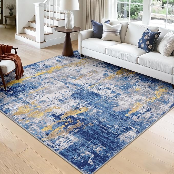 RELEANY Washable Area Rugs Square 8ft Non-Slip Modern Abstract Soft for Living Room Entryway Bedroom Kitchen, Print Pattern, Grey Blue Gold/Golden