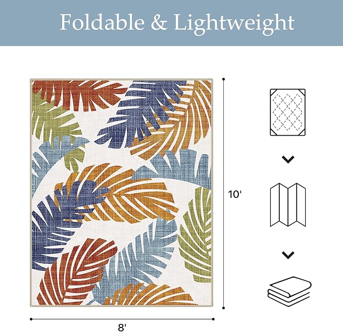 GENIMO 8x10 Outdoor Rug, Washable Quick Dry for Patio, Leaf Tropical Rust | Botanical leaf design for backyard; fade resistant chenille with quick-dry non-slip backing for indoor living rooms.