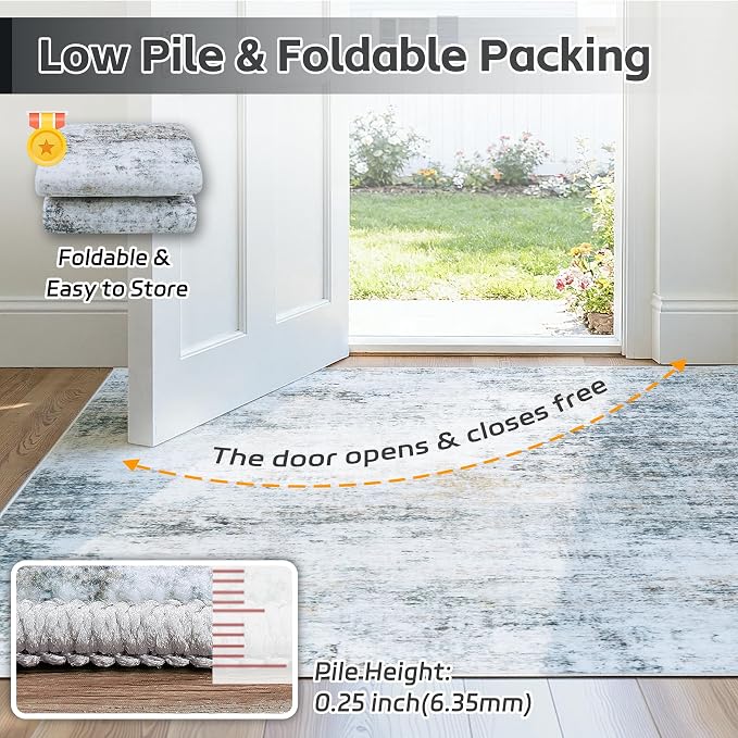 10x14 Area Rugs Washable Rug: Anti-Skid Abstract Modern Living Room Rug Soft Thin Carpets Indoor Floor Non-Shedding Carpet for Bedroom Dining Nursery Home Office (Blue/Grey/Gold/White,10'x14')