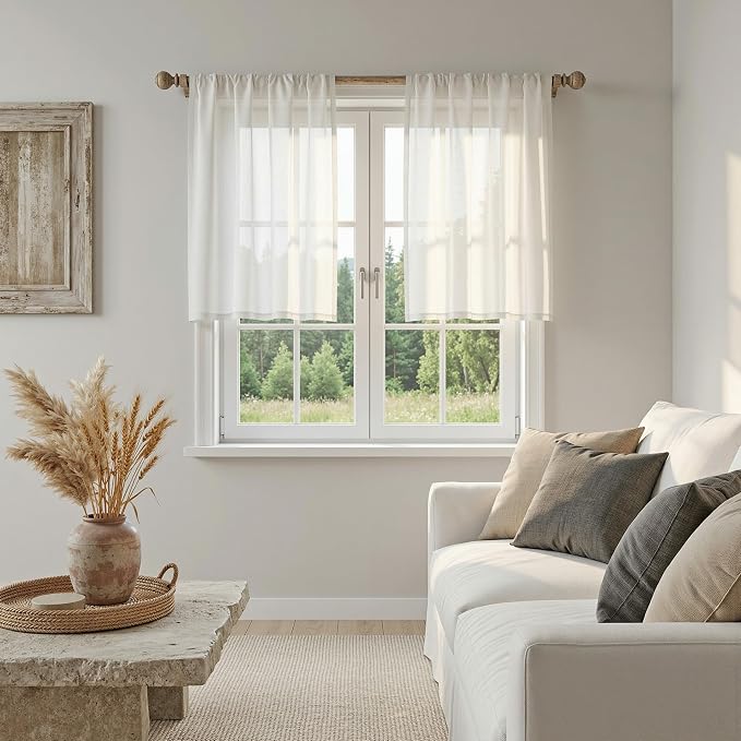 MYSKY HOME Natural Curtains 30 Inch Long for Cafe, Semi Sheer Light Filtering Tiers Curtain Panels Rod Pocket Short Country Decor Drapes for Basement/Small Window, Beige White, 2 Panels, 34 x 30 Inch